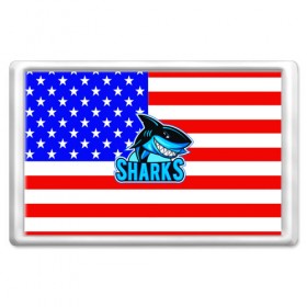 Магнит 45*70 с принтом Sharks USA , Пластик | Размер: 78*52 мм; Размер печати: 70*45 | sharks | usa | акула | америка | американец | символика америки | сша
