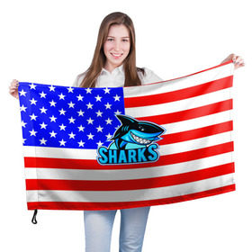 Флаг 3D с принтом Sharks USA , 100% полиэстер | плотность ткани — 95 г/м2, размер — 67 х 109 см. Принт наносится с одной стороны | sharks | usa | акула | америка | американец | символика америки | сша