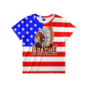 Детская футболка 3D с принтом Apache , 100% гипоаллергенный полиэфир | прямой крой, круглый вырез горловины, длина до линии бедер, чуть спущенное плечо, ткань немного тянется | Тематика изображения на принте: apache | usa | америка | американец | индейцы | символика америки | сша