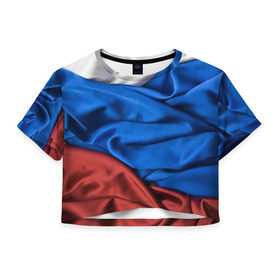 Женская футболка 3D укороченная с принтом Российский Триколор , 100% полиэстер | круглая горловина, длина футболки до линии талии, рукава с отворотами | текстура | ткань