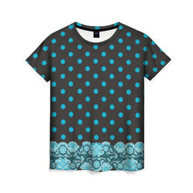 Женская футболка 3D с принтом Имитация кружева , 100% полиэфир ( синтетическое хлопкоподобное полотно) | прямой крой, круглый вырез горловины, длина до линии бедер | бирюзовый | горошек | круги