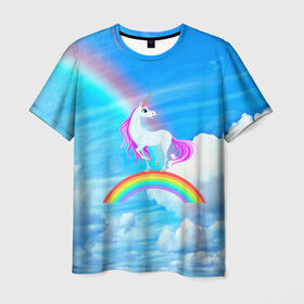 Мужская футболка 3D с принтом Единорог , 100% полиэфир | прямой крой, круглый вырез горловины, длина до линии бедер | единорог | небо | облака | радуга