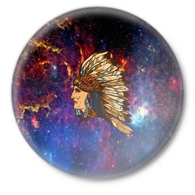 Значок с принтом Индейский шаман ,  металл | круглая форма, металлическая застежка в виде булавки | индеец | космос | перья | шаман