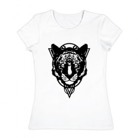 Женская футболка хлопок с принтом Черно-белый тигр , 100% хлопок | прямой крой, круглый вырез горловины, длина до линии бедер, слегка спущенное плечо | 