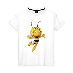 Женская футболка хлопок с принтом пчелка Майя , 100% хлопок | прямой крой, круглый вырез горловины, длина до линии бедер, слегка спущенное плечо | Тематика изображения на принте: вилли | майя | мая | пчелка | пчёлка майя | флип