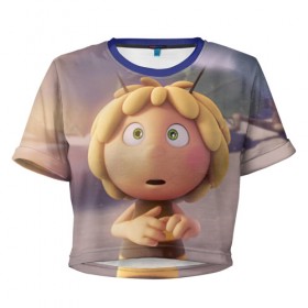 Женская футболка 3D укороченная с принтом Пчелка Майя , 100% полиэстер | круглая горловина, длина футболки до линии талии, рукава с отворотами | 
