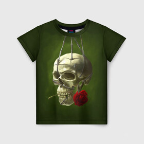 Детская футболка 3D с принтом Череп и роза , 100% гипоаллергенный полиэфир | прямой крой, круглый вырез горловины, длина до линии бедер, чуть спущенное плечо, ткань немного тянется | кости | роза | скелет | хэллоуин | цветок | цветы | череп
