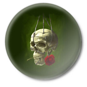 Значок с принтом Череп и роза ,  металл | круглая форма, металлическая застежка в виде булавки | кости | роза | скелет | хэллоуин | цветок | цветы | череп