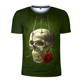 Мужская футболка 3D спортивная с принтом Череп и роза , 100% полиэстер с улучшенными характеристиками | приталенный силуэт, круглая горловина, широкие плечи, сужается к линии бедра | кости | роза | скелет | хэллоуин | цветок | цветы | череп