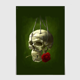 Постер с принтом Череп и роза , 100% бумага
 | бумага, плотность 150 мг. Матовая, но за счет высокого коэффициента гладкости имеет небольшой блеск и дает на свету блики, но в отличии от глянцевой бумаги не покрыта лаком | кости | роза | скелет | хэллоуин | цветок | цветы | череп