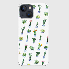 Чехол для iPhone 13 mini с принтом Кактусы ,  |  | Тематика изображения на принте: горшок | зеленый | кактус | принт | растение | флора | цветы