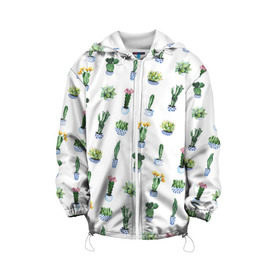 Детская куртка 3D с принтом Кактусы , 100% полиэстер | застежка — молния, подол и капюшон оформлены резинкой с фиксаторами, по бокам — два кармана без застежек, один потайной карман на груди, плотность верхнего слоя — 90 г/м2; плотность флисового подклада — 260 г/м2 | горшок | зеленый | кактус | принт | растение | флора | цветы