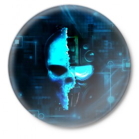 Значок с принтом Tom Clancy`s череп ,  металл | круглая форма, металлическая застежка в виде булавки | голова | маска | робот | череп