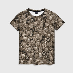 Женская футболка 3D с принтом Зомби котики , 100% полиэфир ( синтетическое хлопкоподобное полотно) | прямой крой, круглый вырез горловины, длина до линии бедер | дохлый | животные | кот | коты | кошка | кошки | мертвый | паттерн | сепия | текстура | хеллоуин