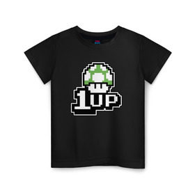 Детская футболка хлопок с принтом Mario 1up , 100% хлопок | круглый вырез горловины, полуприлегающий силуэт, длина до линии бедер | Тематика изображения на принте: dandy | mario | гриб | денди | жизнь | марио | мухомор
