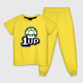 Детская пижама хлопок с принтом Mario 1up , 100% хлопок |  брюки и футболка прямого кроя, без карманов, на брюках мягкая резинка на поясе и по низу штанин
 | Тематика изображения на принте: dandy | mario | гриб | денди | жизнь | марио | мухомор