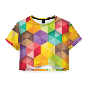 Женская футболка 3D укороченная с принтом Цветные зонтики , 100% полиэстер | круглая горловина, длина футболки до линии талии, рукава с отворотами | Тематика изображения на принте: 