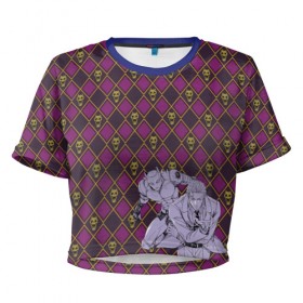 Женская футболка 3D укороченная с принтом Killer Queen x Kira Yoshikage , 100% полиэстер | круглая горловина, длина футболки до линии талии, рукава с отворотами | jojo | killer queen | kira yoshikage