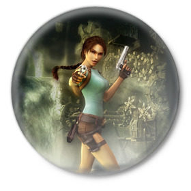 Значок с принтом TOMB RAIDER ,  металл | круглая форма, металлическая застежка в виде булавки | Тематика изображения на принте: game | girl | gun | lara croft | tomb raider | девушка | игра | оружие | пистолет
