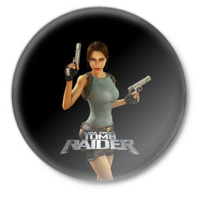 Значок с принтом TOMB RAIDER ,  металл | круглая форма, металлическая застежка в виде булавки | Тематика изображения на принте: game | girl | gun | lara croft | tomb raider | девушка | игра | оружие | пистолет