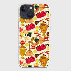 Чехол для iPhone 13 mini с принтом Народная кухня ,  |  | балалайка | еда | малина | малинки | матрешка | на руси | патриот | паттерн | русский | русь | самовар | сушки | тренды | чай | черника