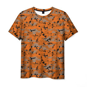 Мужская футболка 3D с принтом Осенний камуфляж , 100% полиэфир | прямой крой, круглый вырез горловины, длина до линии бедер | военный | оронжевый | серый | черный