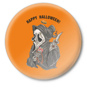 Значок с принтом Happy Halloween ,  металл | круглая форма, металлическая застежка в виде булавки | helloween |  хэллоуин | день всех святых | крик | нож | праздник | ужас | хеллоуин | хеловин | хелоуин