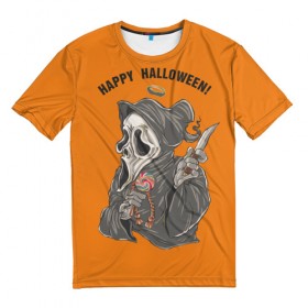 Мужская футболка 3D с принтом Happy Halloween , 100% полиэфир | прямой крой, круглый вырез горловины, длина до линии бедер | helloween |  хэллоуин | день всех святых | крик | нож | праздник | ужас | хеллоуин | хеловин | хелоуин