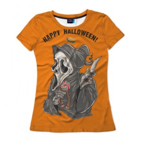 Женская футболка 3D с принтом Happy Halloween , 100% полиэфир ( синтетическое хлопкоподобное полотно) | прямой крой, круглый вырез горловины, длина до линии бедер | helloween |  хэллоуин | день всех святых | крик | нож | праздник | ужас | хеллоуин | хеловин | хелоуин