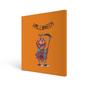 Холст квадратный с принтом Тыква с косой , 100% ПВХ |  | halloween | helloween | голова | день всех святых | коса | светильник джека | фонарт джека | хеллоуин | хеловин | хэллоуин