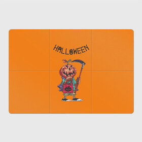 Магнитный плакат 3Х2 с принтом Тыква с косой , Полимерный материал с магнитным слоем | 6 деталей размером 9*9 см | halloween | helloween | голова | день всех святых | коса | светильник джека | фонарт джека | хеллоуин | хеловин | хэллоуин