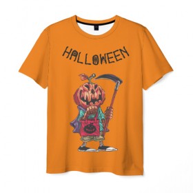 Мужская футболка 3D с принтом Тыква с косой , 100% полиэфир | прямой крой, круглый вырез горловины, длина до линии бедер | halloween | helloween | голова | день всех святых | коса | светильник джека | фонарт джека | хеллоуин | хеловин | хэллоуин