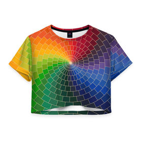 Женская футболка 3D укороченная с принтом Спираль цветов , 100% полиэстер | круглая горловина, длина футболки до линии талии, рукава с отворотами | 