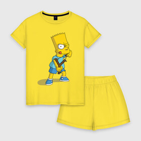 Женская пижама с шортиками хлопок с принтом Bart Simpson , 100% хлопок | футболка прямого кроя, шорты свободные с широкой мягкой резинкой | барт | разбойник | рогатка. | симпсоны