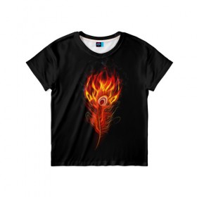 Детская футболка 3D с принтом Огненное перо , 100% гипоаллергенный полиэфир | прямой крой, круглый вырез горловины, длина до линии бедер, чуть спущенное плечо, ткань немного тянется | fire | flame | in fire | smoke | в огне | дым | огненное перо | огненный | огонь