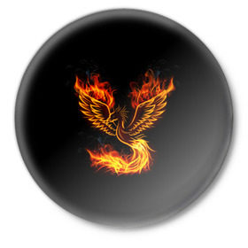 Значок с принтом Феникс ,  металл | круглая форма, металлическая застежка в виде булавки | fire | flame | in fire | smoke | в огне | дым | огненный | огонь