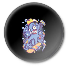 Значок с принтом Octopus Skater ,  металл | круглая форма, металлическая застежка в виде булавки | octopus skater | осьминог | скейт | спорт