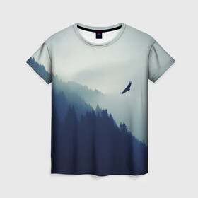 Женская футболка 3D с принтом Орел над Лесом , 100% полиэфир ( синтетическое хлопкоподобное полотно) | прямой крой, круглый вырез горловины, длина до линии бедер | bird | dark | fog | forest | heaven | jh k | ktc | sky | texture | деревья | животные | лес | небо | орел | природа | птица | птицы | текстуры | тёмный лес | туман
