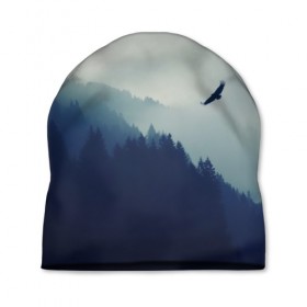Шапка 3D с принтом Орел над Лесом , 100% полиэстер | универсальный размер, печать по всей поверхности изделия | bird | dark | fog | forest | heaven | jh k | ktc | sky | texture | деревья | животные | лес | небо | орел | природа | птица | птицы | текстуры | тёмный лес | туман