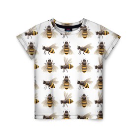 Детская футболка 3D с принтом Пчелы , 100% гипоаллергенный полиэфир | прямой крой, круглый вырез горловины, длина до линии бедер, чуть спущенное плечо, ткань немного тянется | белый | желтый | крылья | мед | черный
