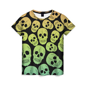 Женская футболка 3D с принтом Веселый хэллоуин , 100% полиэфир ( синтетическое хлопкоподобное полотно) | прямой крой, круглый вырез горловины, длина до линии бедер | зеленый | кости | цвет | череп | черный