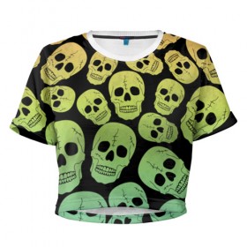 Женская футболка 3D укороченная с принтом Веселый хэллоуин , 100% полиэстер | круглая горловина, длина футболки до линии талии, рукава с отворотами | Тематика изображения на принте: зеленый | кости | цвет | череп | черный