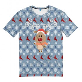 Мужская футболка 3D с принтом Олень , 100% полиэфир | прямой крой, круглый вырез горловины, длина до линии бедер | дед мороз | зима | новый год | олень | праздник | рождество | снег | снежинки