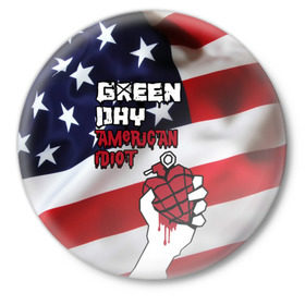 Значок с принтом Green Day American Idiot ,  металл | круглая форма, металлическая застежка в виде булавки | american idiot | green day | альтернативный | билли джо армстронг | грин дей | группа | зелёный день | майк дёрнт | музыка | панк | поп | поппанк | рок | сша | тре кул | флаг