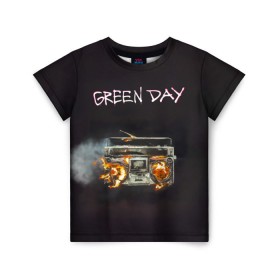 Детская футболка 3D с принтом Green Day магнитофон в огне , 100% гипоаллергенный полиэфир | прямой крой, круглый вырез горловины, длина до линии бедер, чуть спущенное плечо, ткань немного тянется | american idiot | green day | альтернативный | билли джо армстронг | грин дей | группа | зелёный день | майк дёрнт | музыка | панк | поп | поппанк | рок | тре кул