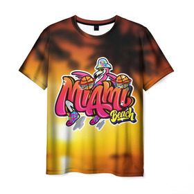 Мужская футболка 3D с принтом Miami Beach , 100% полиэфир | прямой крой, круглый вырез горловины, длина до линии бедер | закат | майами | пейзаж | пляж | солнце