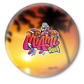Значок с принтом Miami Beach ,  металл | круглая форма, металлическая застежка в виде булавки | закат | майами | пейзаж | пляж | солнце
