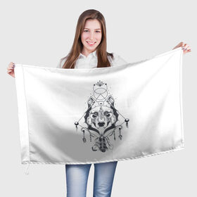 Флаг 3D с принтом Этно волк , 100% полиэстер | плотность ткани — 95 г/м2, размер — 67 х 109 см. Принт наносится с одной стороны | амулет | волк | животное | перо | этнические