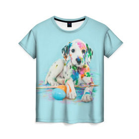 Женская футболка 3D с принтом Юный художник , 100% полиэфир ( синтетическое хлопкоподобное полотно) | прямой крой, круглый вырез горловины, длина до линии бедер | animal | dog | дог | долматинец | друг | краски | собака | художник | щенок