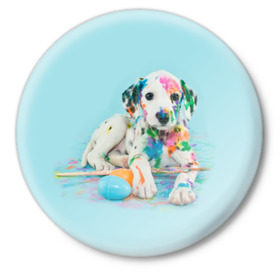 Значок с принтом Юный художник ,  металл | круглая форма, металлическая застежка в виде булавки | animal | dog | дог | долматинец | друг | краски | собака | художник | щенок